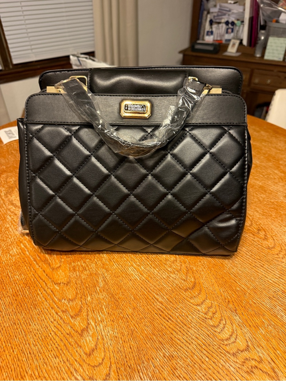 Badgley Mischka Black Quilted Top-Handle Satchel with Gold Hardware